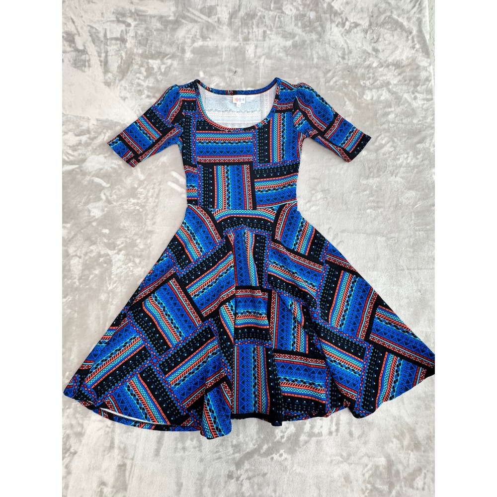 LuLaRoe XS Blue Geometric Print Fit and Flare‎ Dress Simply Comfortable